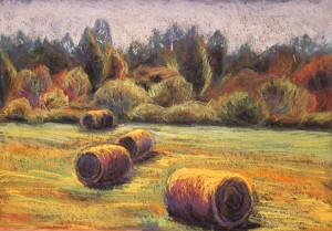 pastel painting landscape pastellmaal hay stacks Keiu Kuresaar