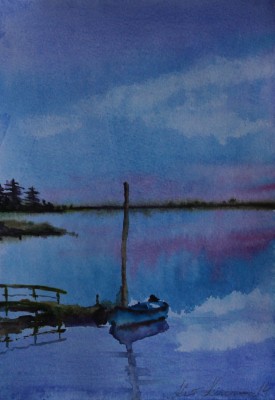 akvarell watercolor landscape rand beach  maastik paat järvel boat on lake Keiu Kuresaar