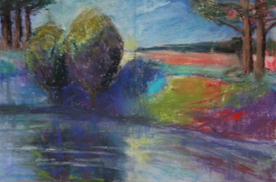 pastel painting landscape maastik pastellmaal jõgi 2 põõsaga Keiu Kuresaar
