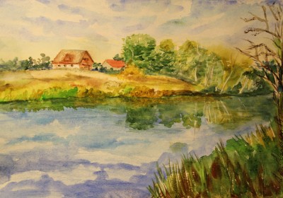 akvarell watercolor landscape maastik Keila jõgi majaga Keiu Kuresaar