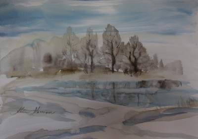 akvarell watercolor landscape maastik talvine metsatukk winter trees and pond Keiu Kuresaar