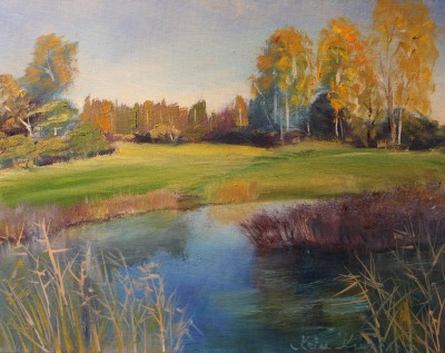Õlimaal maastik sügis jõe ääres  oil painting landscape autumn river Keiu Kuresaar