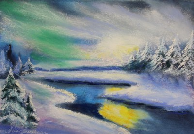 pastel painting landscape maastik pastellmaal virmalised nordic lights jõgi talvel Keiu Kuresaar