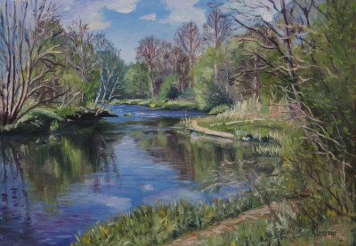 Õlimaal maastik Keila jõgi Jõgisoo Koolmekoht allavoolu river oil painting landscape Keiu Kuresaar